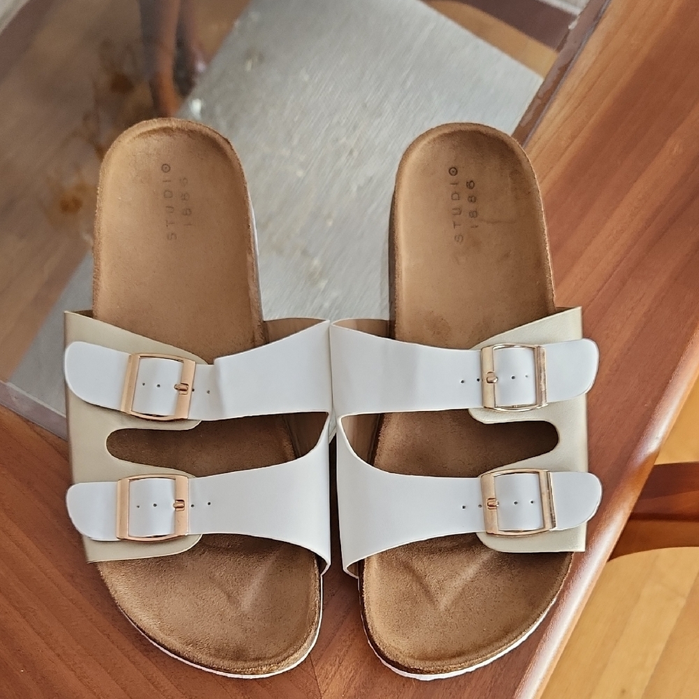 Chic Gold and White Double Strap Sandals